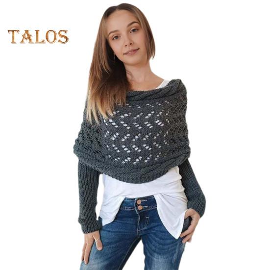 Вязаный шарф-накидка с косами и рукавами, мягкий шарф-шаль в богемном стиле, ажурный узор для вязания крючком, шарф-накидка в виде свитера