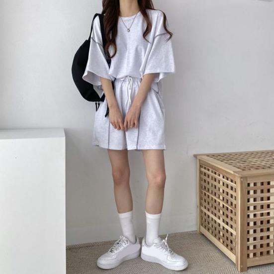 2 шт./компл. женский летний спортивный костюм с круглым вырезом и половиной рукавов, свободный топ с завязками, высокая эластичная талия, однотонный