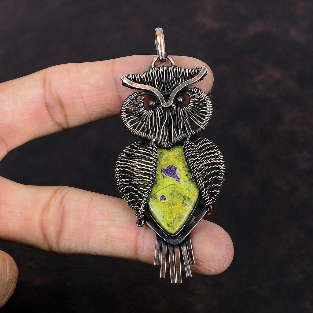 Подвеска из стихтита, медная проволочная обертка, сова, драгоценный камень, проволочная обертка, ювелирное изделие, подвеска ручной работы, подарок для женщин, антикварные медные украшения