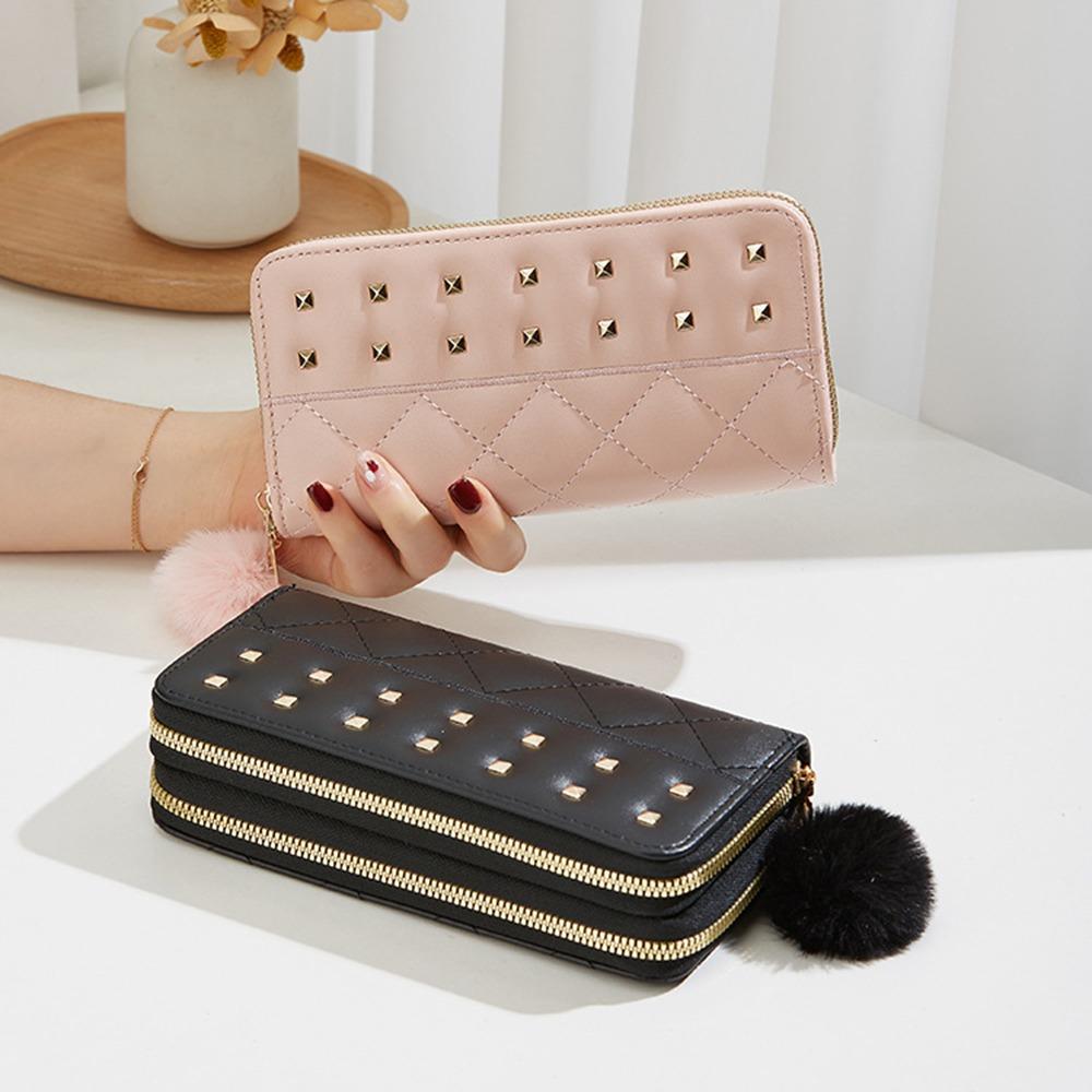 Soft Plush Ball Woman Clutch Wallet Rivets Square Card Bag Causal Women Long Purse Outdoor