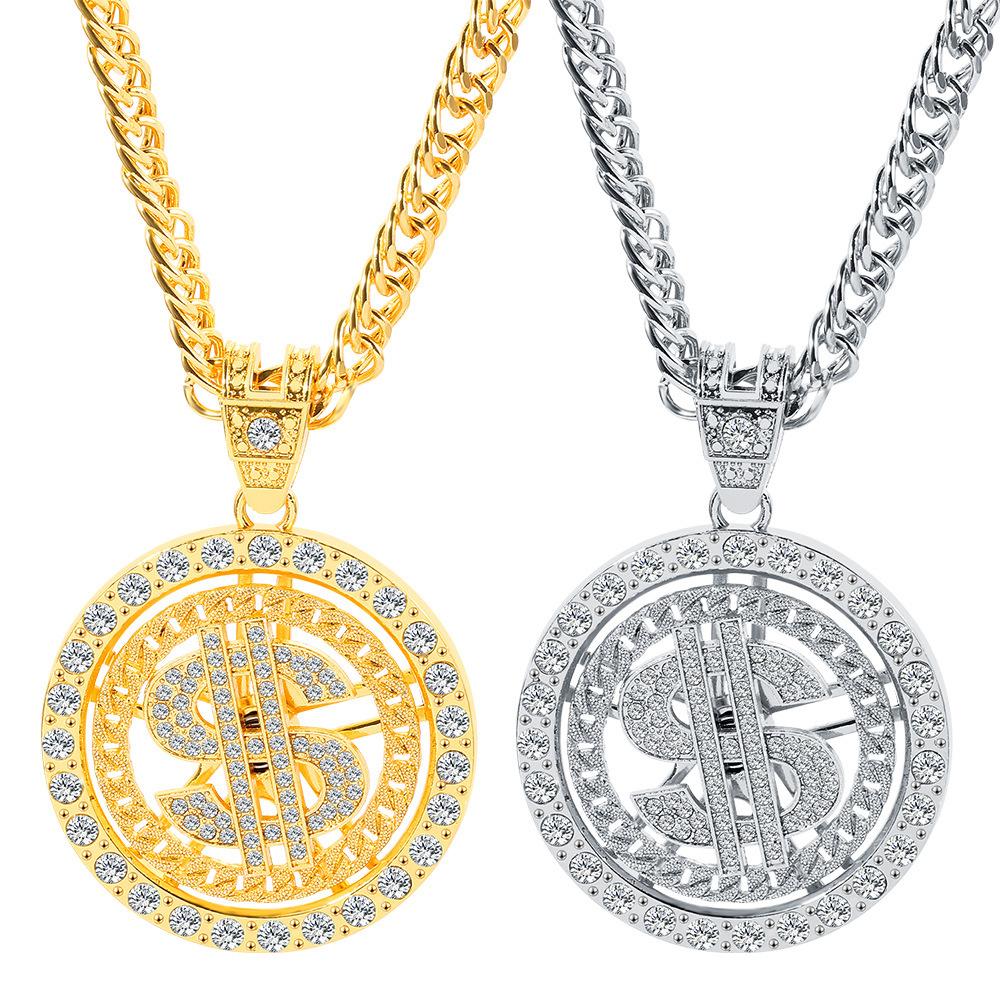 Men Hip Hop Rotating Dollar Pendant Long Necklace Rhinestone Jewelry Accessories