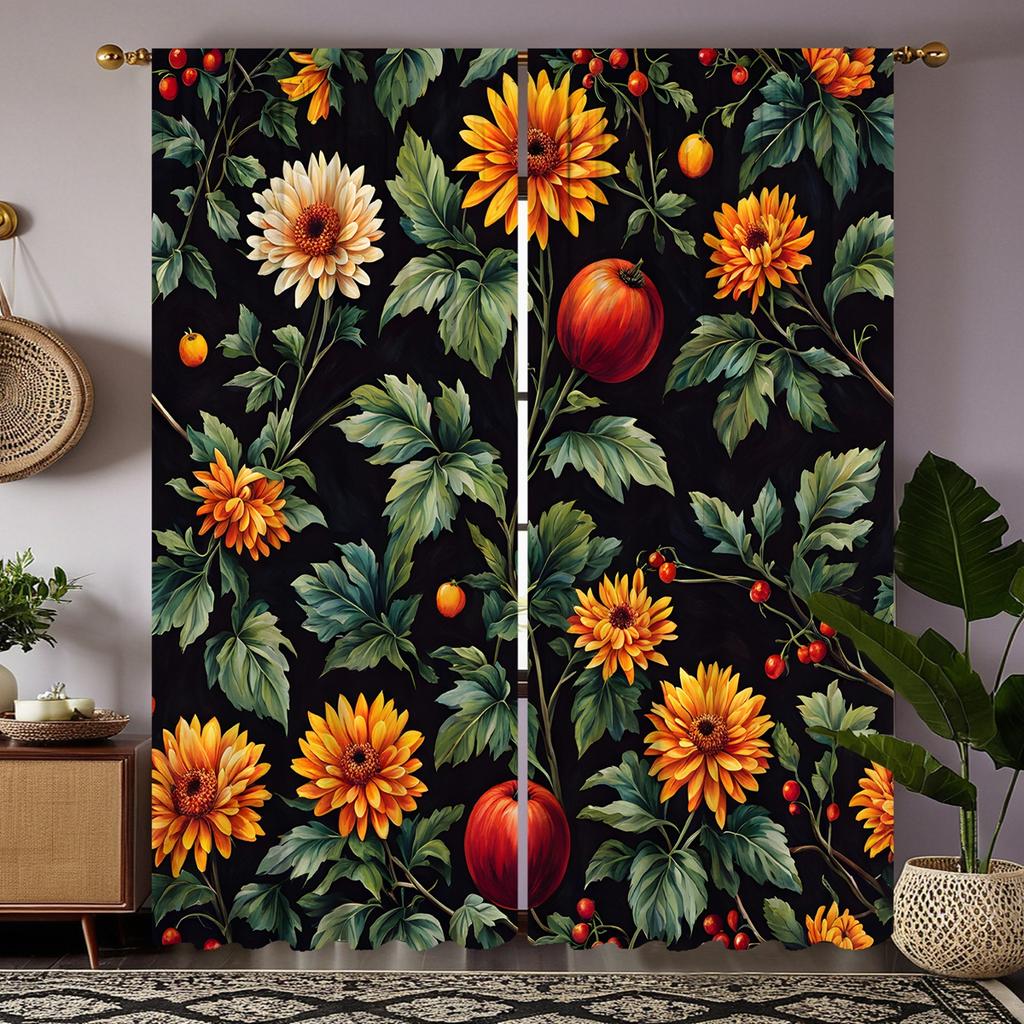 2 шт. занавесок HD с изображением листьев, садовых цветов и фруктов, с зеленой завязкой, с цифровой печатью, для украшения дома, в стиле «Украсьте гостиную»