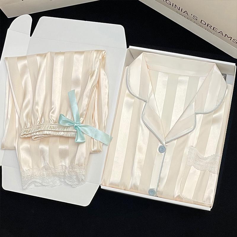 Spring Autumn New Ice Silk Soft Pajama Sets for Women Lace Lapel Cardigan Outfits for Women 2 Piece Set Sweet Pink Women Pajama