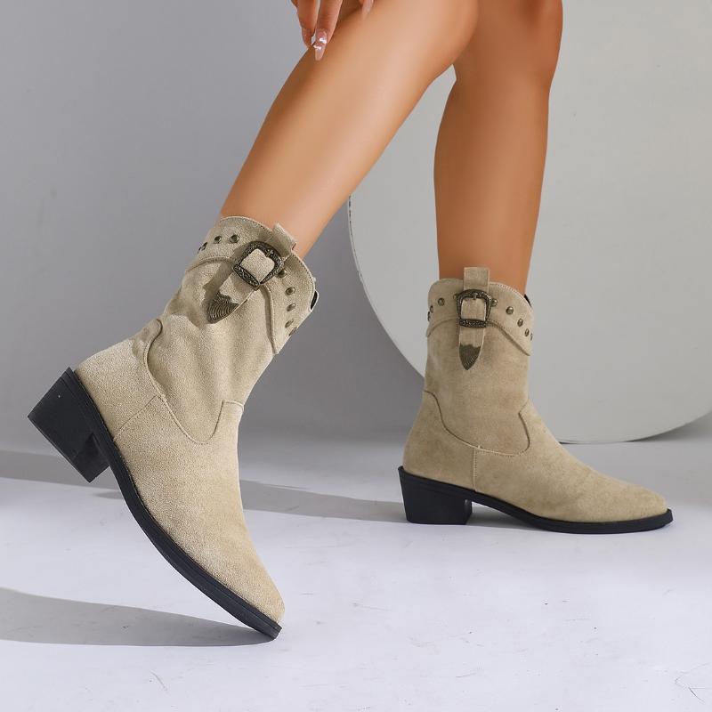 Fashion Sexy Pointed Toe Western Cowboy Boots Women 2025 Autumn Fashionable Metal Rivets Mid Calf Suede Booties Non Slip Riding Boots