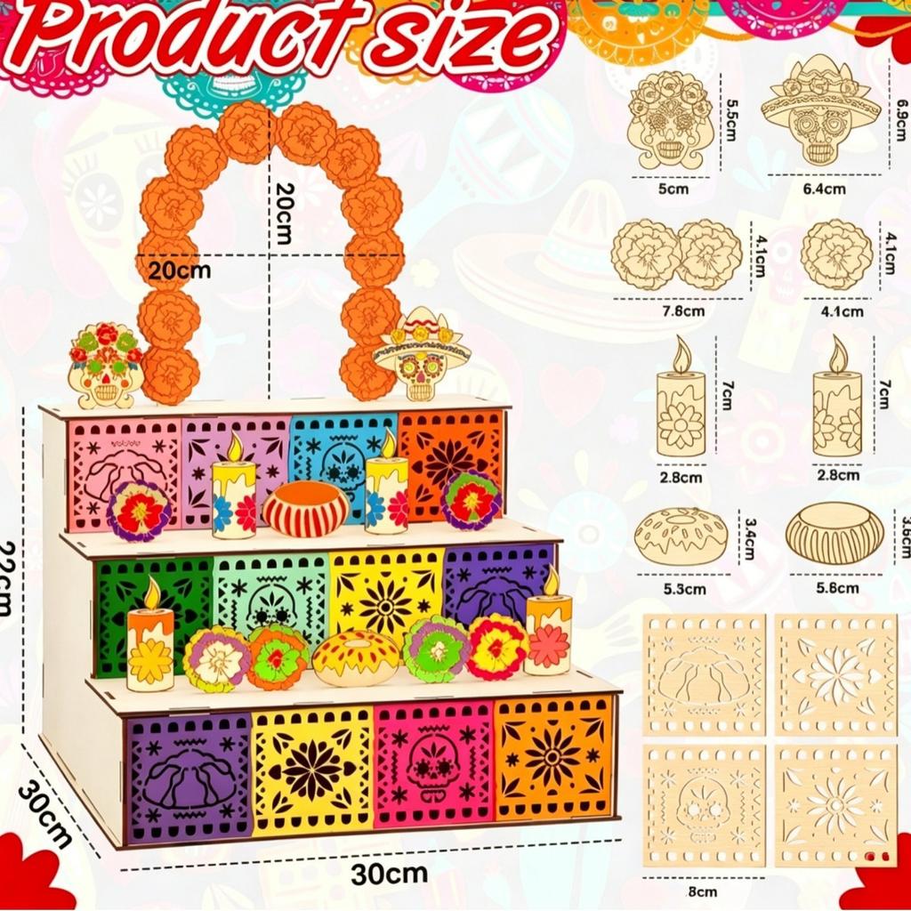 Day of the Dead Wooden Altar Offering Table Candle Holder Shrine Ornament with Skeleton Figurine for Mexican Memorial Holiday Home Decoration