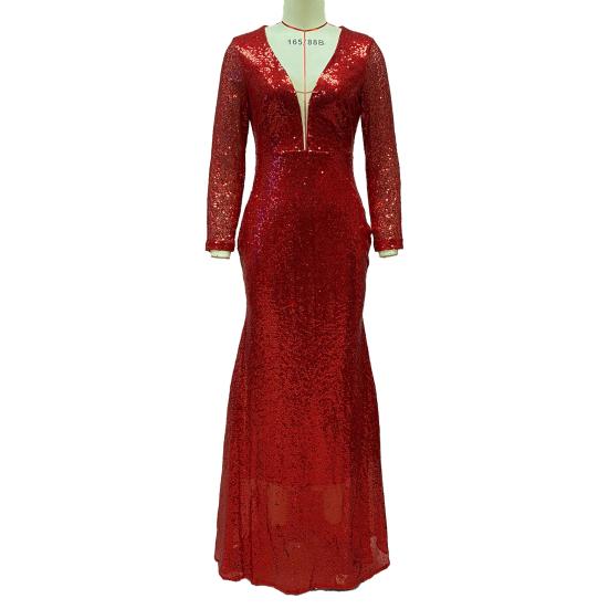 Women Evening Dress Sequin Deep V Neck Long Sleeves Slim Fit Fishtail Hem Sequin Floor Length