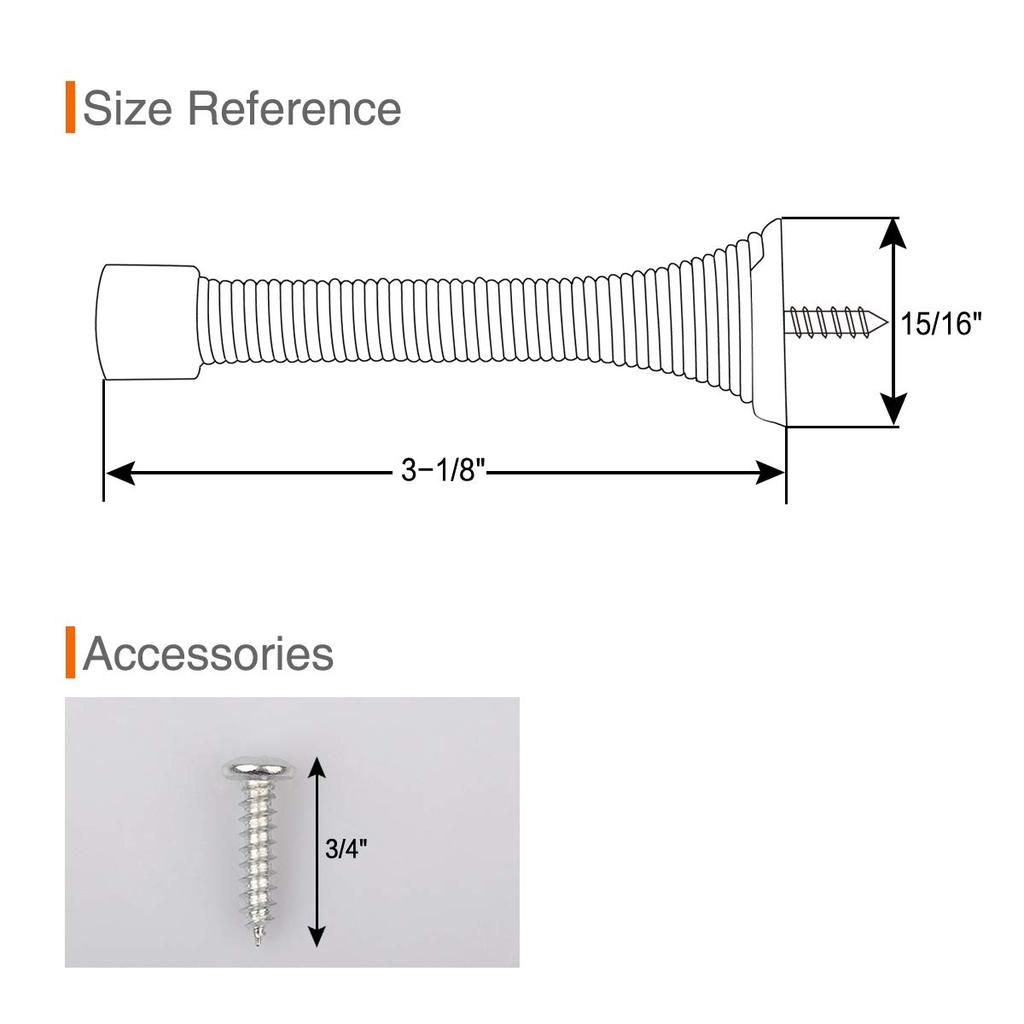 6 Pack Spring Door Stopper Brushed Satin Nickel - 3-1/4 Inch Flexible Metal Door Stops with White Rubber Bumper Tips for Wall Protection, Quiet Home
