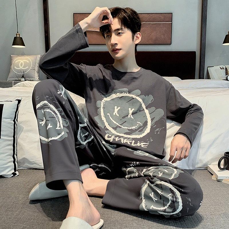 Мужской пижамный комплект большого размера с мультяшным принтом: С длинным рукавом, тонкий, для весны, осени и зимы - домашняя одежда для подростков и студентов.