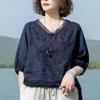 Cotton and Linen Japanese and Korean Five-point Sleeve T-shirt Women's Summer Mother Wear V-neck Embroidered Ladies Top