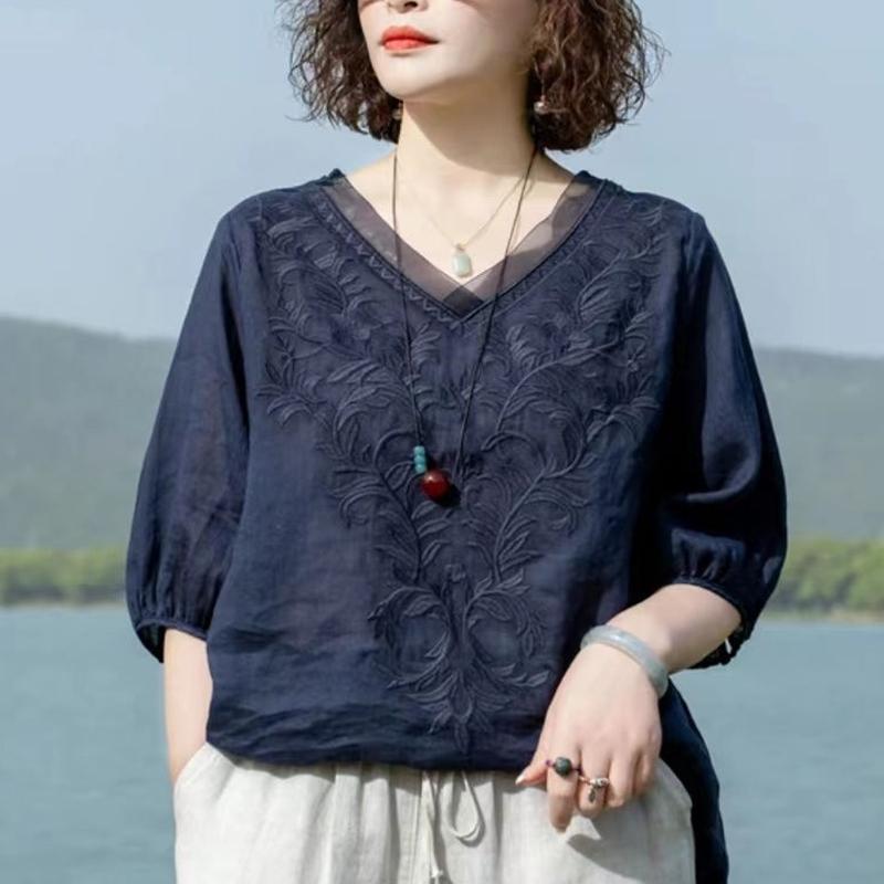 Cotton and Linen Japanese and Korean Five-point Sleeve T-shirt Women's Summer Mother Wear V-neck Embroidered Ladies Top