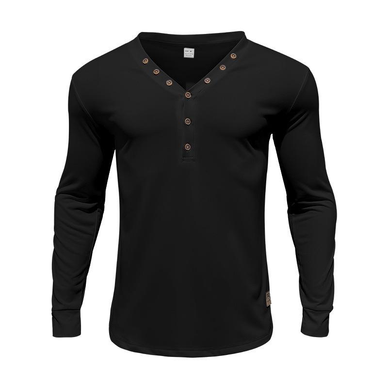 Men's Spring and Autumn Models Solid Colour Men's T-shirt Long-sleeved Casual Bottoming Slim Button V-neck Tops