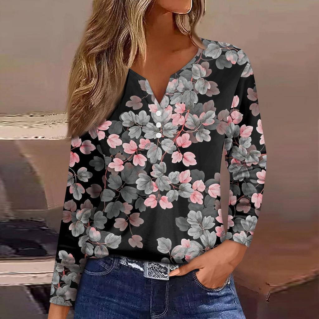 Женская модная повседневная футболка с v-образным вырезом и длинным рукавом с цветочным принтом, украшенная топами