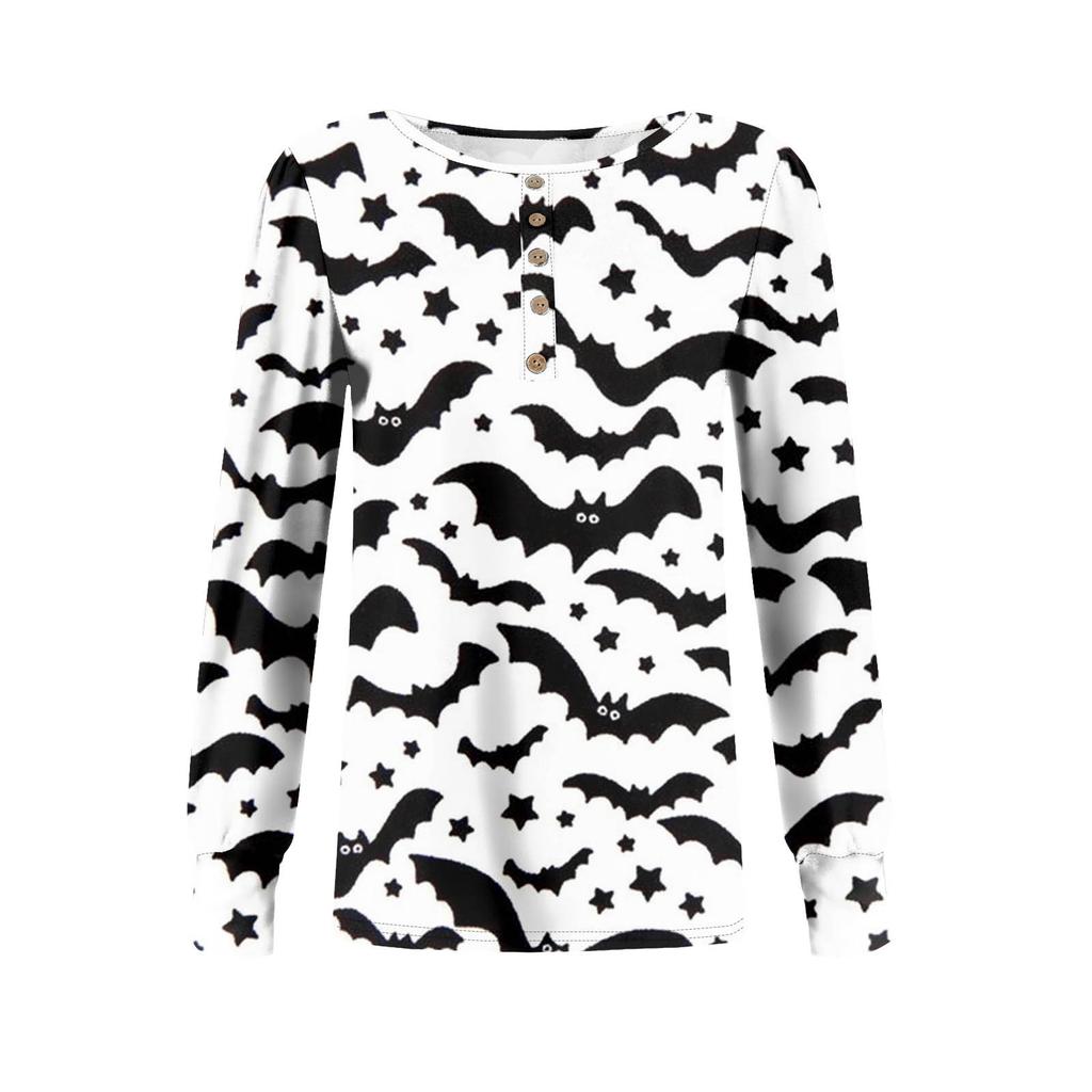 Women's Long Sleeve Round Neck T-Shirts Halloween  Print Puff Sleeve Shirts Button Blouses Tops