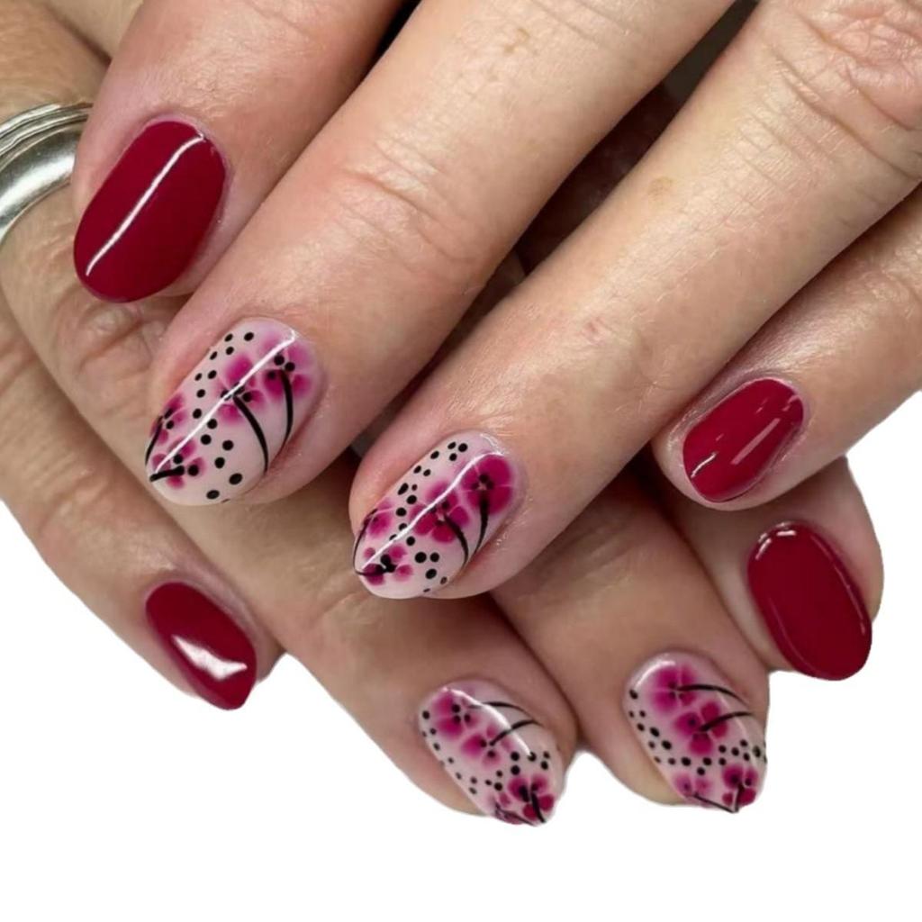 Носимые французские накладные ногти 'Цветущая сакура' - Съемные неровные патчи для нейл-арта