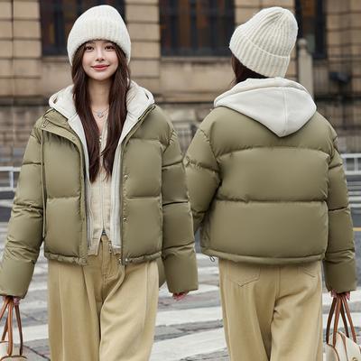 Женский пуховик с капюшоном, имитирующий двухпредметный, зимний, новый, короткий, из маленькой ПУ кожи