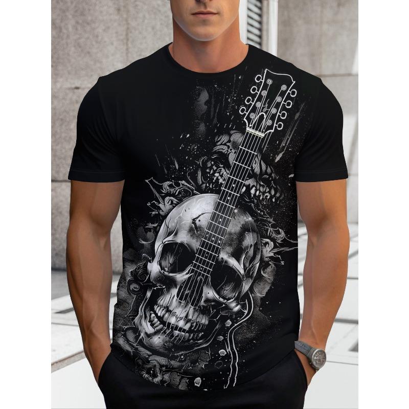 Quick-Dry Men's Short Sleeve Tee with Rock Style Skull & Guitar Prin