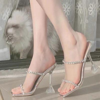 Хорошо смотритесь на ногах!! Прозрачные босоножки на высоком каблуке со стразами, женские летние однотонные с квадратной головкой, сексуальные тапочки-шпильки со стразами