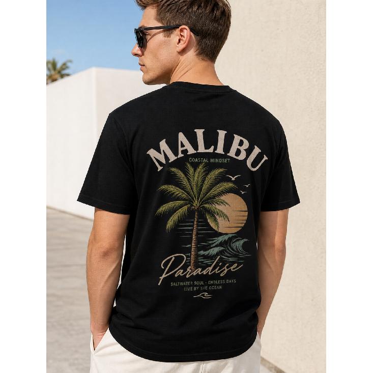Men's black short sleeve t-shirt with relaxed fit, crew neck, soft cotton feel, featuring vintage Malibu coastal graphic print on back, ideal for