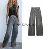 Spring New Women's Clothing French Asymmetric Design Cotton Double Breasted Mid Waist Wide Leg Denim 6045036