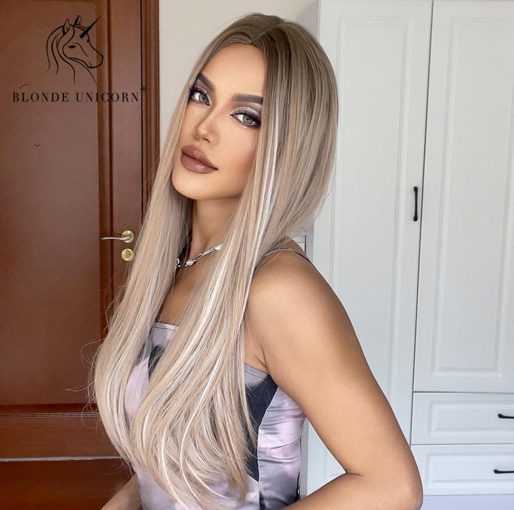 BLONDE UNICORN Синтетический длинный прямой коричневый парик блондинки с яркими акцентами, парики для косплея на Хэллоуин для женщин, термостойкое волокно