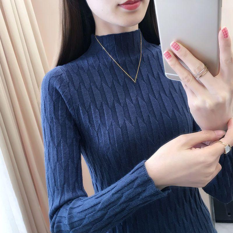 Women's Semi-high Collar Sweater Base Shirt Autumn and Winter Slim Stylish Inner-matching Knitted Shirt Versatile Pullover Long-sleeved Shirt