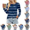Women's Pleated Long-Sleeved Belted Striped Print Round Neck Casual Top