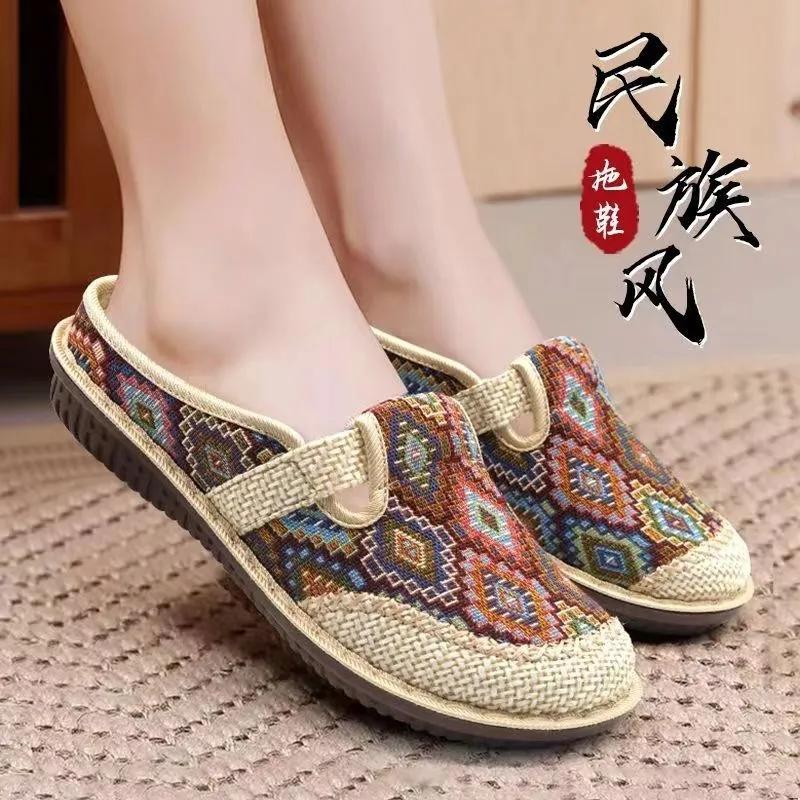 Fashion Ethnic Vintage Women Slipper Summer Flat Shoe Linen Wedge Cloth Shoes Soft Sole Walking Elderly Sandal Ladies Slip-on Muller2024