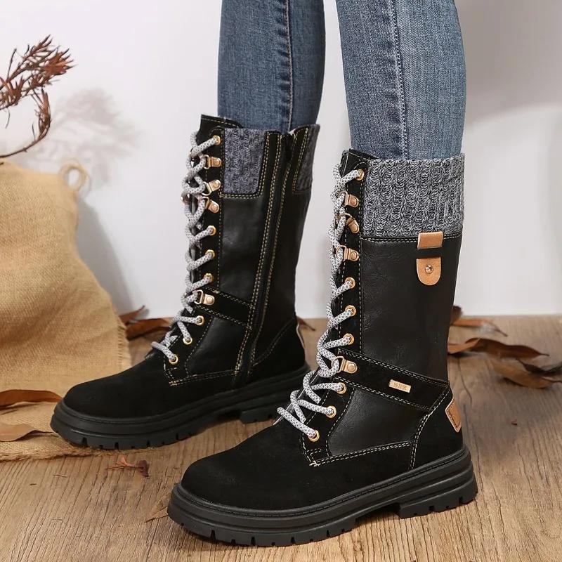 New Mid Calf Modern Boots for Women Winter Round Toe Knitted Leather Pacthwork Gothic Shoes Lace Up Side Zip Non-Slip Boot Botas