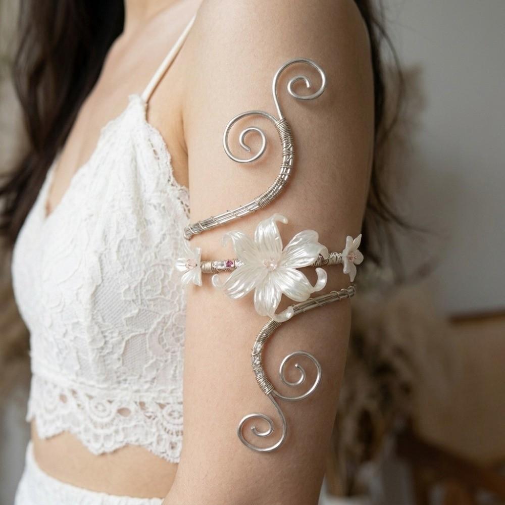 Gold Color Metal Floral Open Cuff Armlet Enamel Glaze Craft Spiral Arm Bracelet Vacation Style