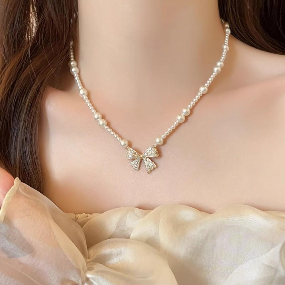 Pearl Silver Bowknot Necklace Pendant Simple Pendant Chain Temperament Bow Necklace Pendant Daily