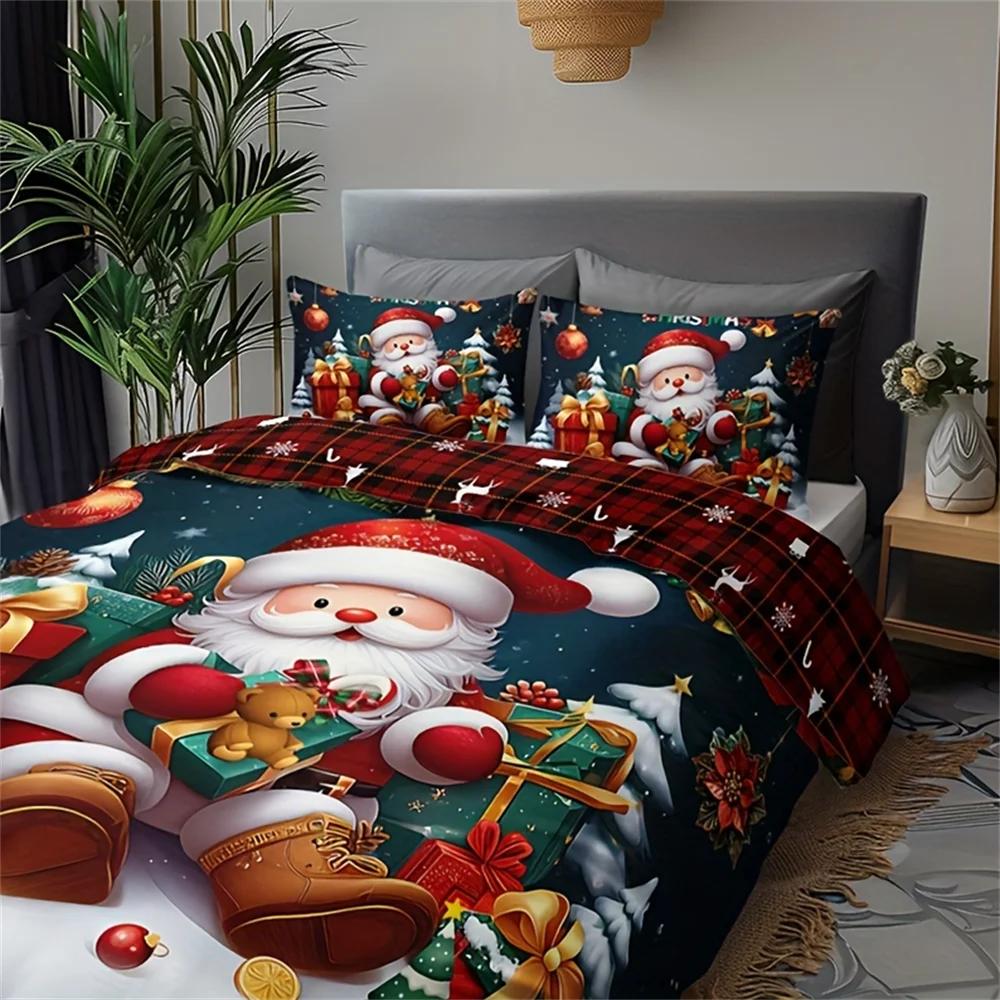 3pcs Christmas Bedding Set - Santa & Snowman Print Duvet Cover and Pillowcases, Breathable Polyester, Machine Washable - Perfect