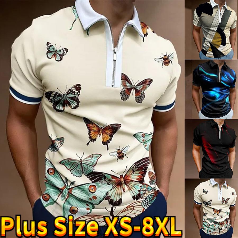Casual Lapel T-shirt Young Men's Fashion Zipper T-shirt Short Sleeve T-shirt Men's 3D Flying Butterfly Print T Shirt