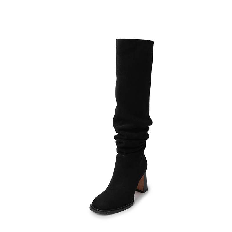 Krazing Pot Осенне-зимняя обувь из флока, женские сапоги до колена с плиссированными украшениями