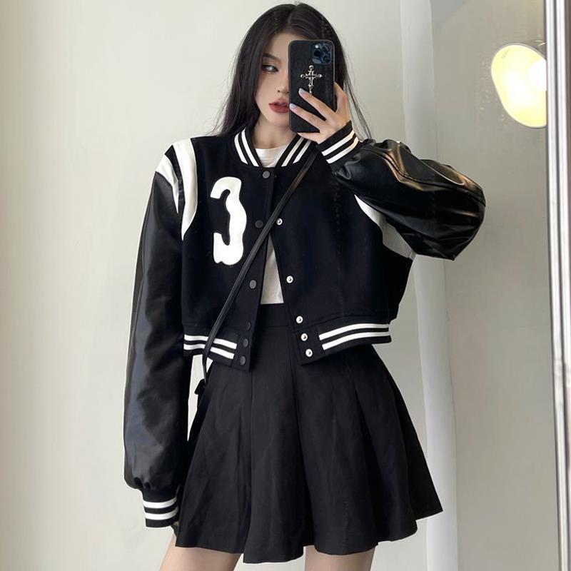 Jackets Women's Bomber Black Coats Leather Baseball Short Coat Y2k Jacket Woman Goth Clothing Streetwear