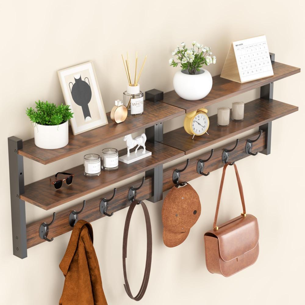 with Hooks Two-Tier Coat Rack Wall Mounted Entryway Coat Hook Wall Shelf for Bedroom Living Room