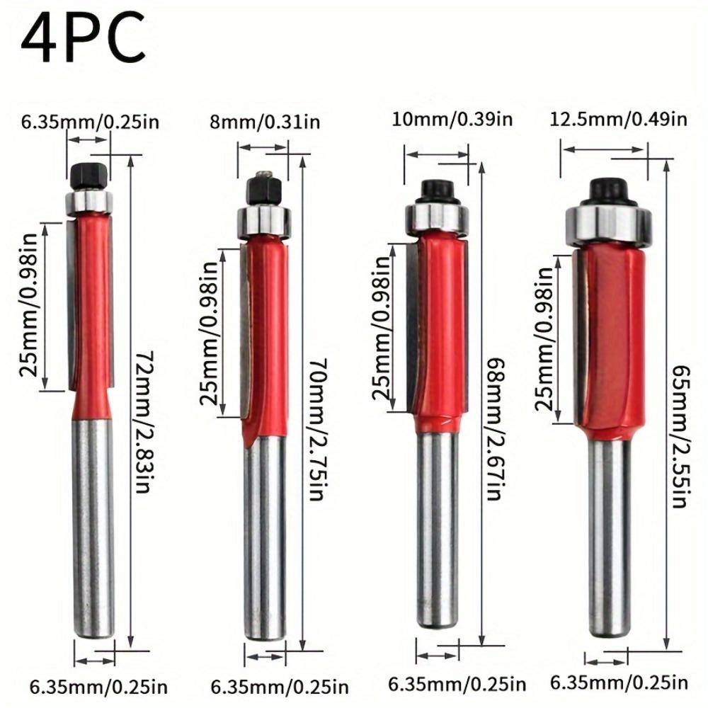 Woodworking Trimming Knife 4-piece Set 1/4 Handle Woodworking Milling Cutter Tool Double Edge Shank with Shaft