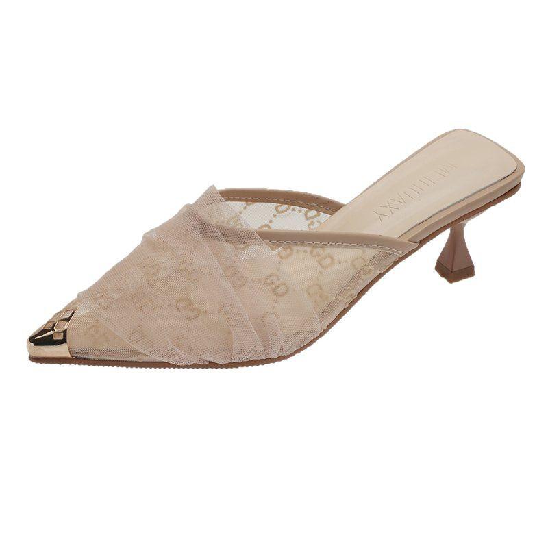 Остроконечные туфли на шпильке, женская верхняя одежда 2025 года, новые кружевные полые темпераментные модные феи в стиле металлической головки с полуперетаскиванием