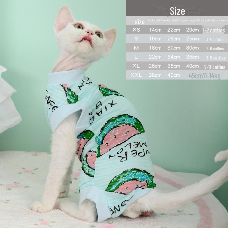 Жилет MOORSPET для кошек породы сфинкс, весна/лето - легкий хлопок, защита живота, дизайн с четырьмя лапами для лысых кошек
