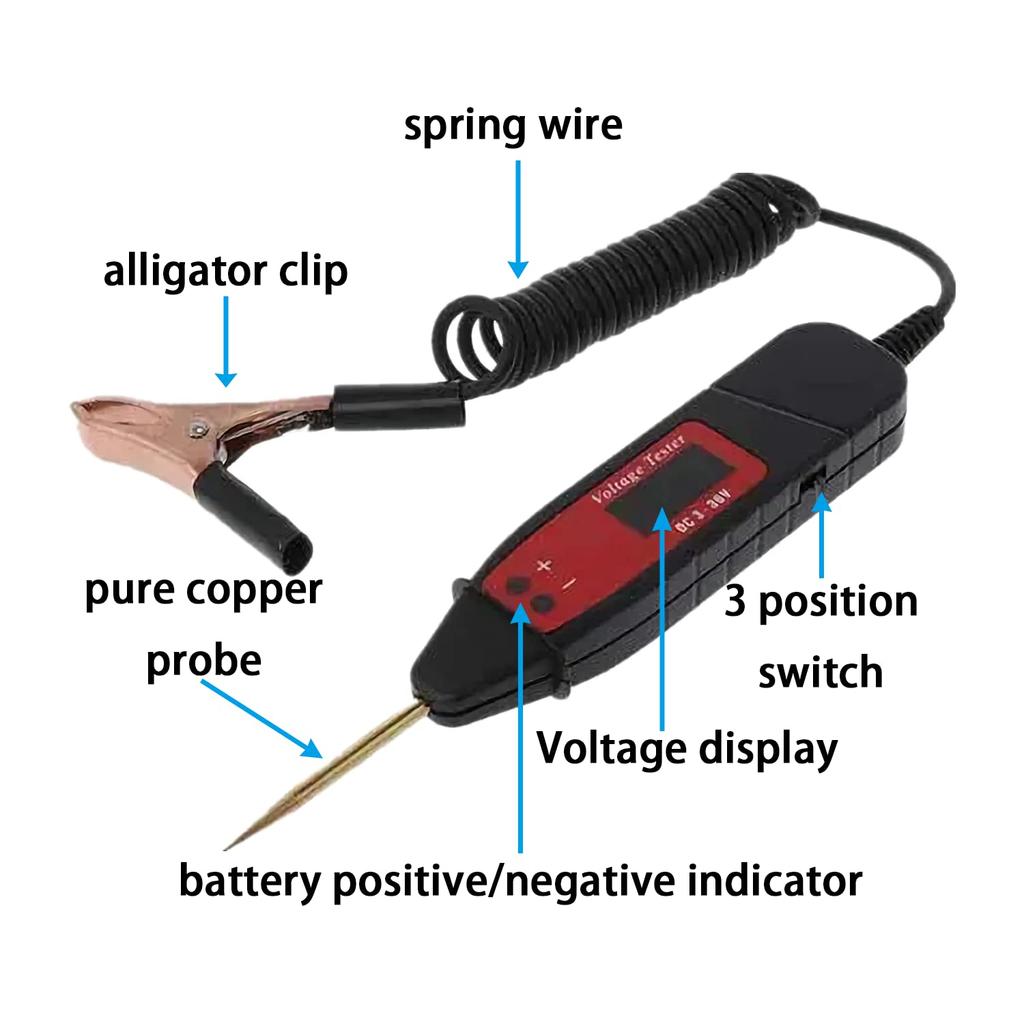 3-36V DC Car Two-Pole  Voltage Tester Lamp, Current Tester Pen Tool, Battery Tester Voltage Detector, Circuit Test Pen Diagnostic Tool,Alligator Clips