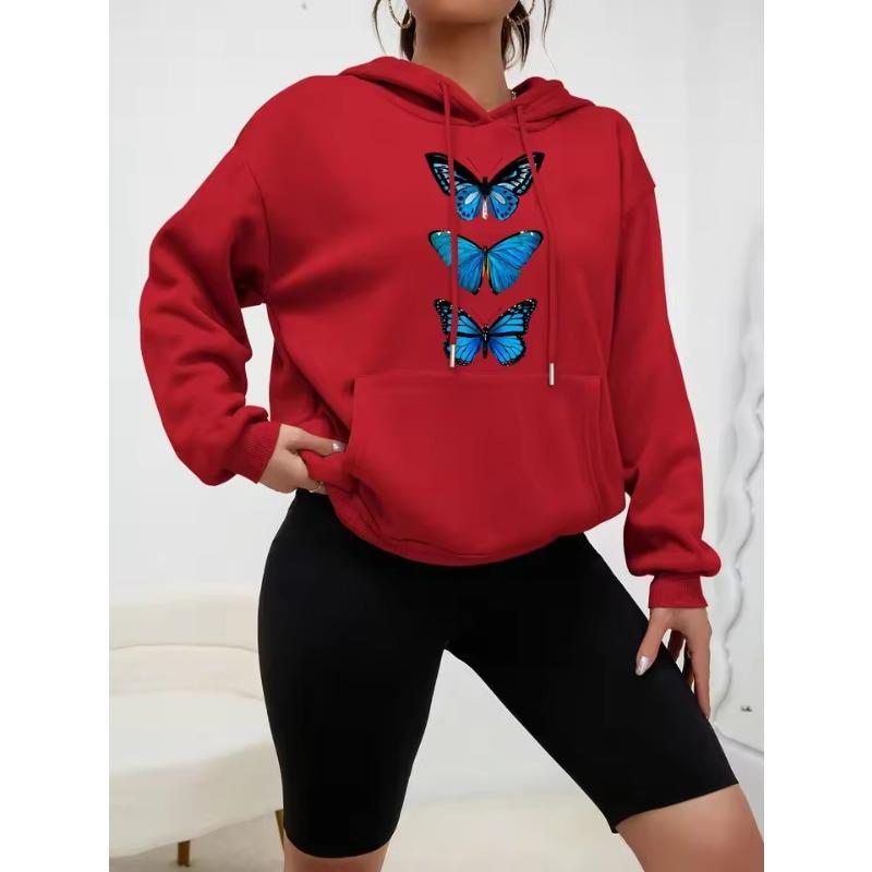 Creative Butterfly Design Print Women Hoodie New Street Casual Sweatshirt Fashion Fleece Hoody Pocket Comfortable Female Tops