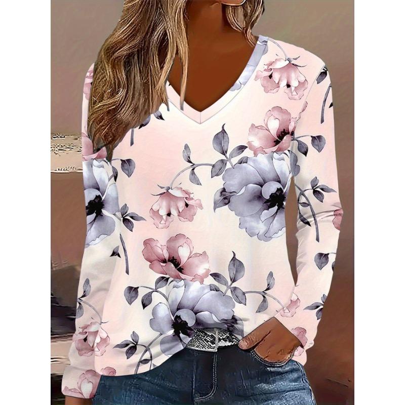 Women's Basic V-Neck Long Sleeve,Beautiful Flower Printed Polyester Relaxed Fit Tees Shirt,Spring Fall Comfort Tops