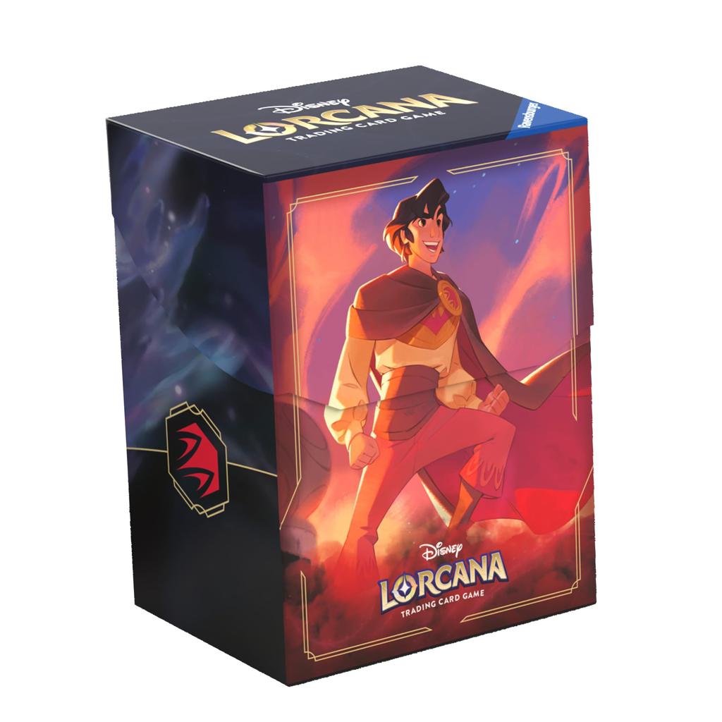 Ravensburger Disney Lorcana TCG Deck Box Aladdin Features Nicholas Heroic Outlaw Securely stores 80 sleeved cards Durable and portable organizer for