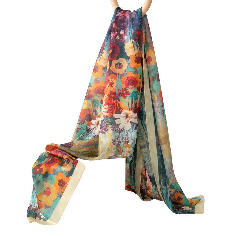 Spring  100% Mulberry Silk Scarf Women's Thin Shawl Silk Oil Painting Retro Plain Crepe Satin Premium Long Scarf