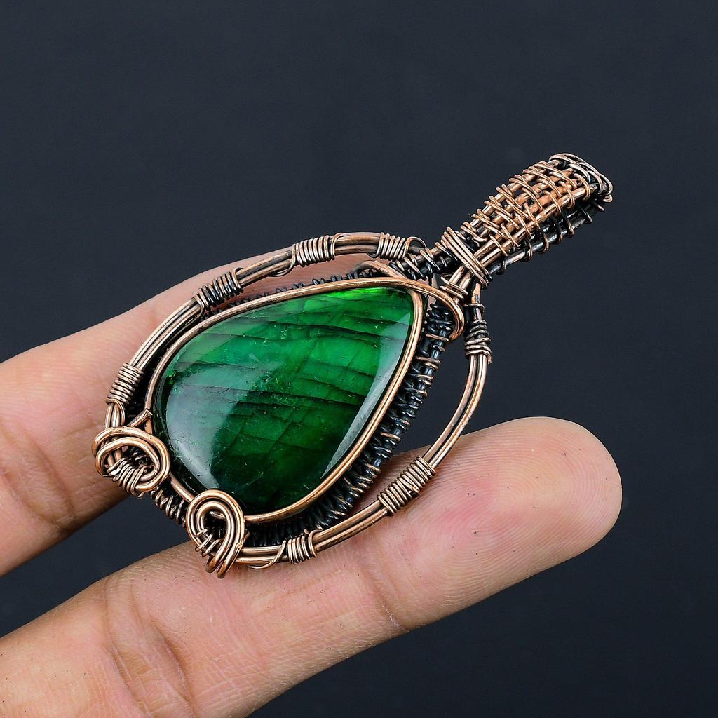 Подвеска из лабрадорита с зелёной вспышкой, ювелирное изделие из драгоценного камня, подвеска с обмоткой из медной проволоки 999 пробы, украшение ручной работы, подвеска с камнем-талисманом, подарок для него