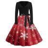 Christmas Print Flare Dress For Women Long Sleeve Dress Hollow Party Casual Dresses