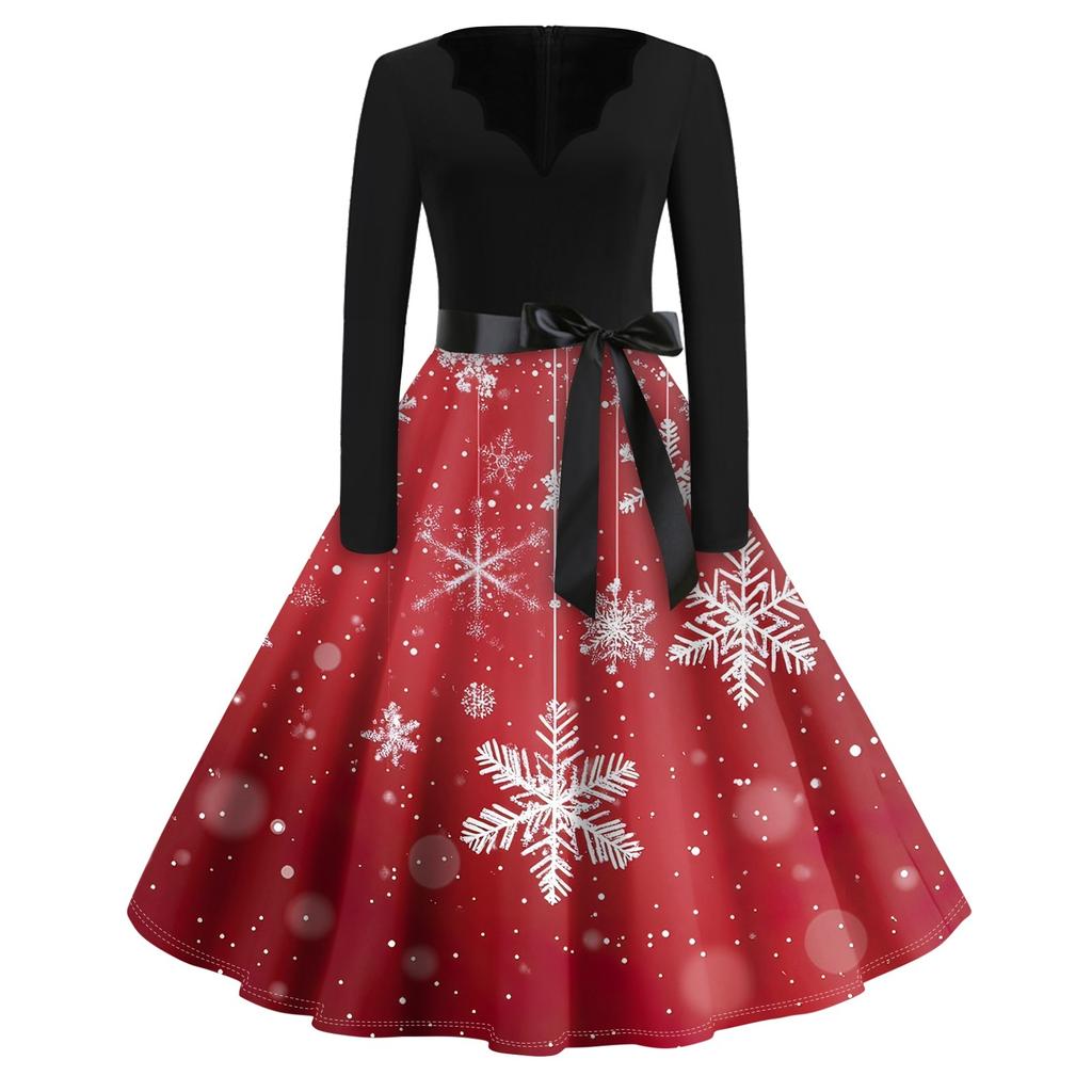 Christmas Print Flare Dress For Women Long Sleeve Dress Hollow Party Casual Dresses