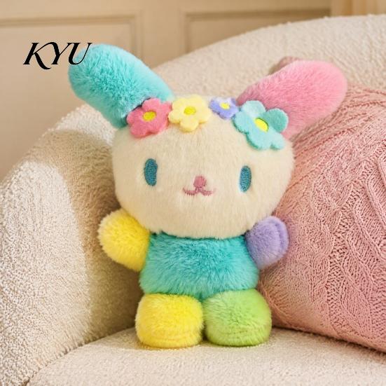 Soft Fabric Key Holder Cute Fluffy Rabbit Keychain, Plush Card Pendant with Creative Cartoon Ring Flower Embroidery, Kawaii Bag Charm for Keys