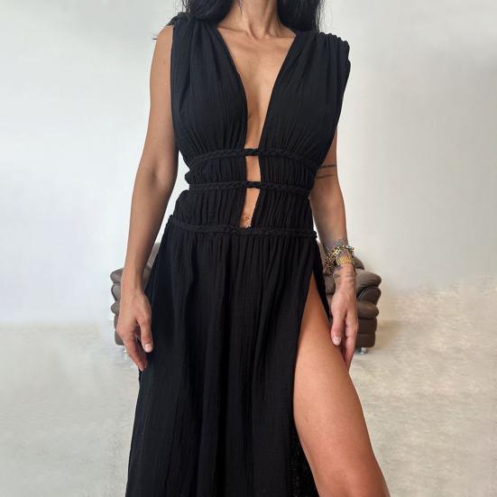 Летнее длинное платье с глубоким V-образным вырезом, без рукавов, на шнуровке, с поясом на талии, ажурное в богемном стиле, плиссированное, с разрезом, пляжное платье макси для отпуска