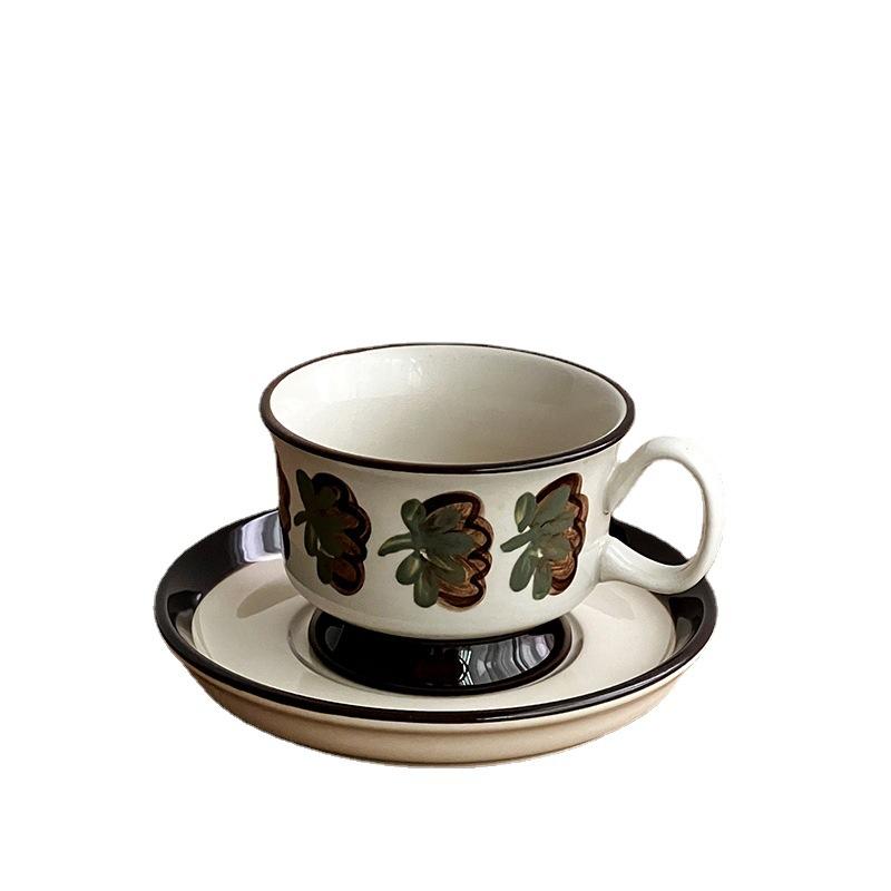 Hand Painted Latte Coffee Cup Saucer Retro Brown Flower Afternoon Teacup Set Antique Ceramic Cup High-End Water Cup