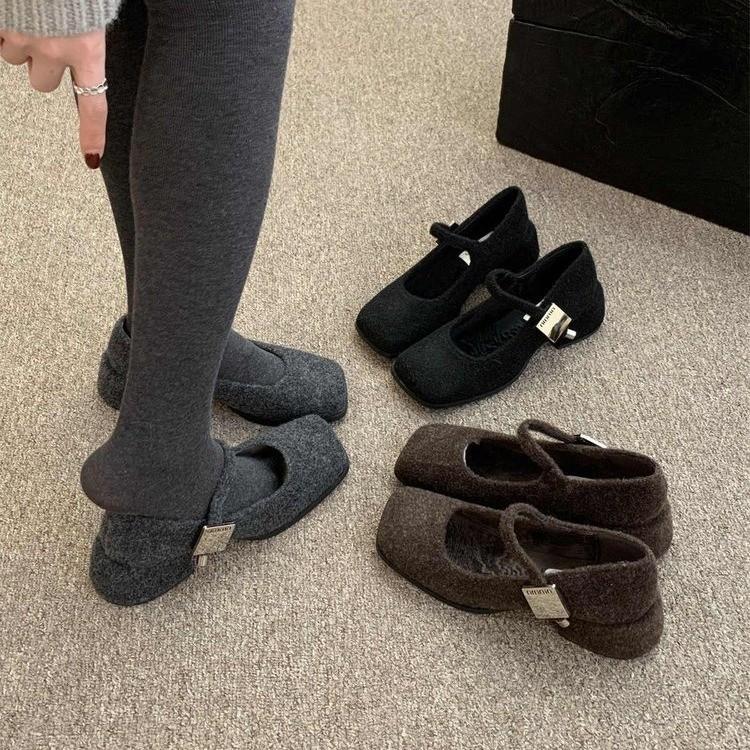 Gray Retro Woolen Mary Jane Fluffy Shoes Women's Winter Wear 2025 New French Thick Heel Velvet High Heel Single Shoes
